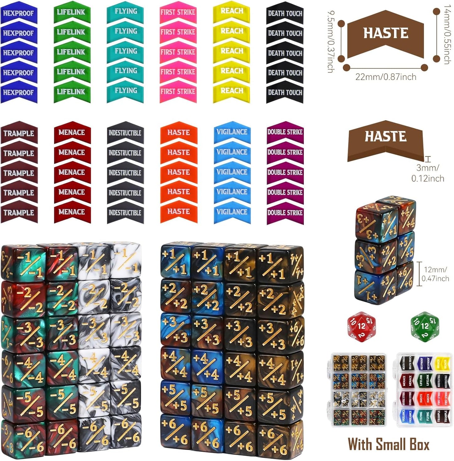 110 Pieces MTG Keyword Tokens 12mm Counters Dice for Magic The Gatering, MTG Abilities Keyword Buff Tokens D6 D20 Life Counter Dice for TCG CCG Magic Card Games Accessories