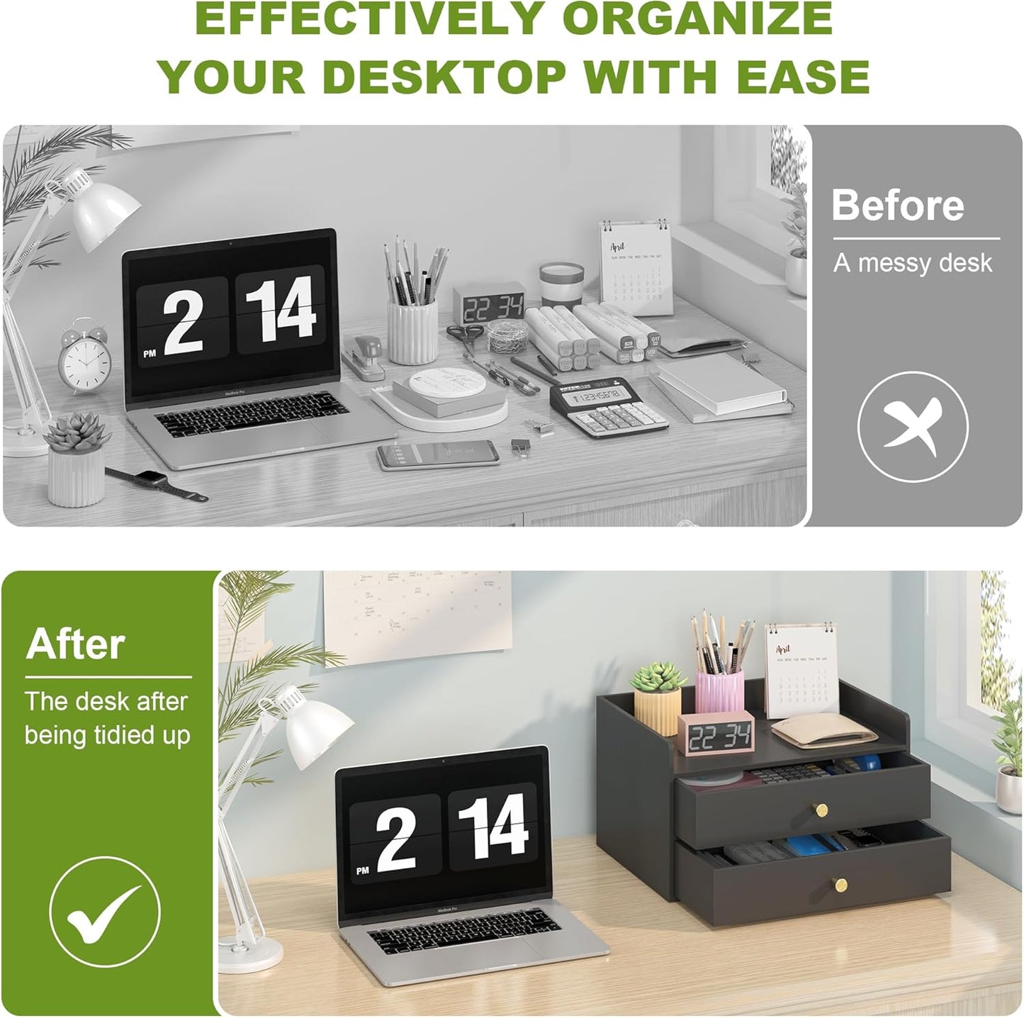 Bamboo Desk Organizer - Stackable, No Assembly Required, Ideal for Office/Home Use - Perfect for Toiletries, Stationery, Accessories. (Black, Two level drawer box with sides)