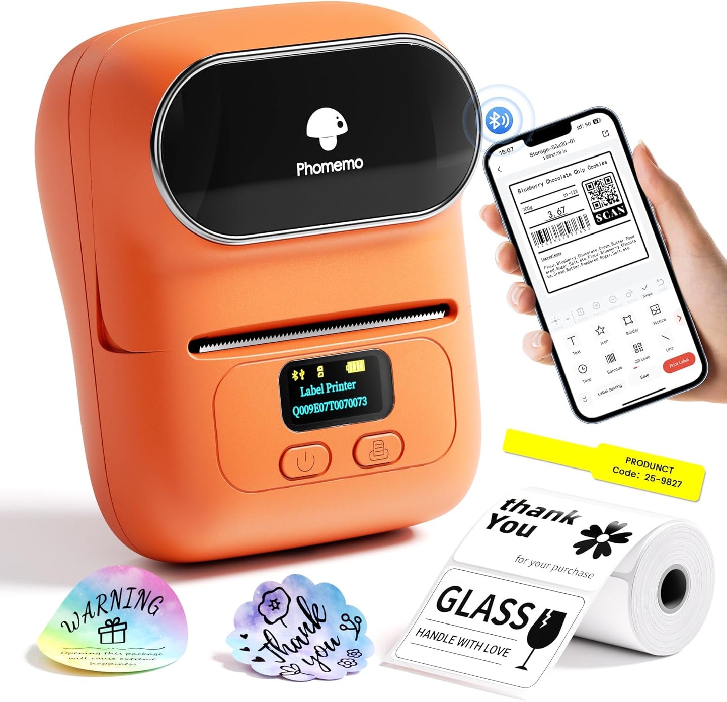 Phomemo Barcode Printer - M110 Label Maker Machine Wireless Bluetooth Themal Label Printer for Small Business, School, Barcode, Address, Jewelry, Clothing, Organizing, Orange
