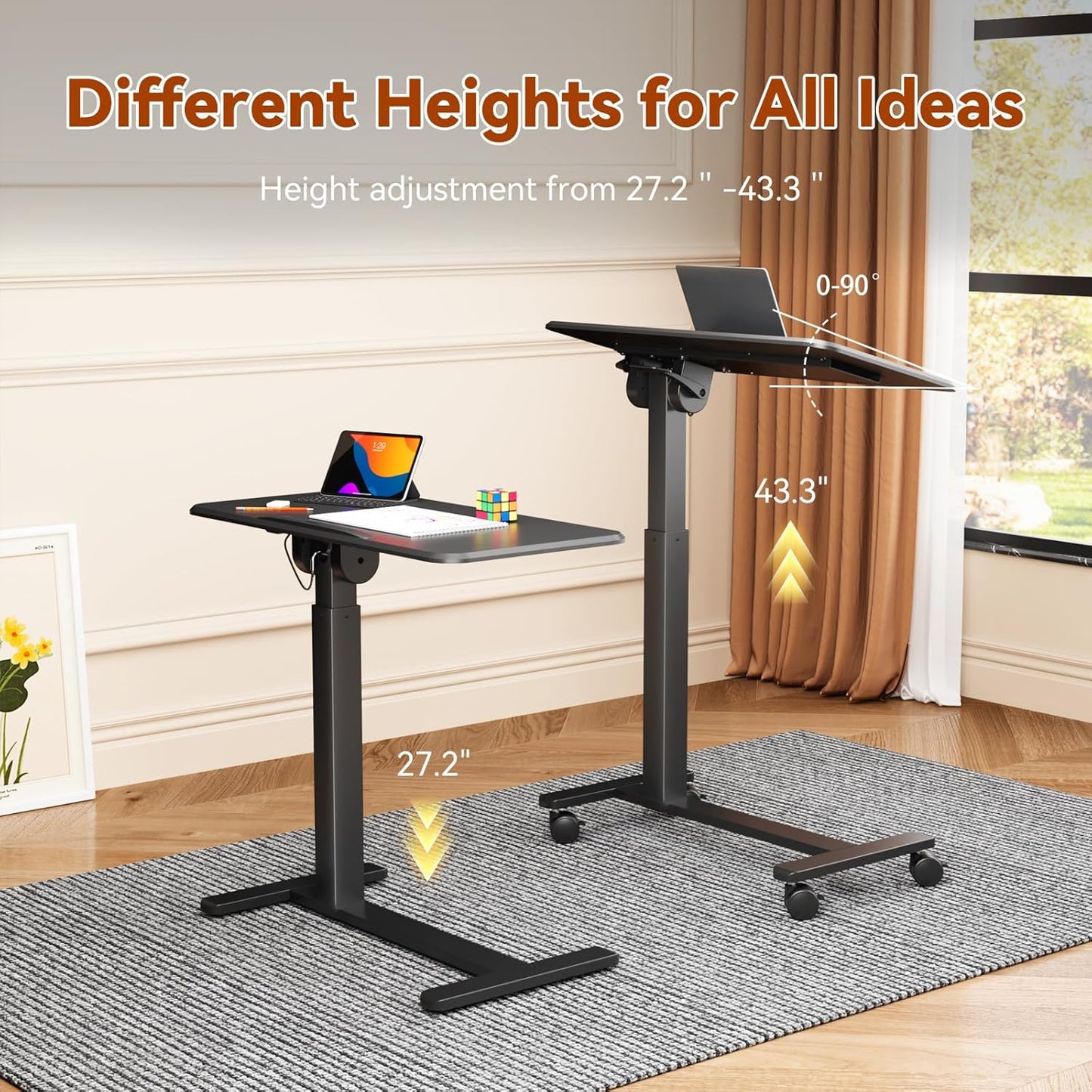 Mobile Standing Desk, Height Adjustable Left/Right Overbed Bedside Table, 90° Tiltable Portable Laptop Desk with Wheels, Foldable Computer Cart for Hospital Home Use, Black