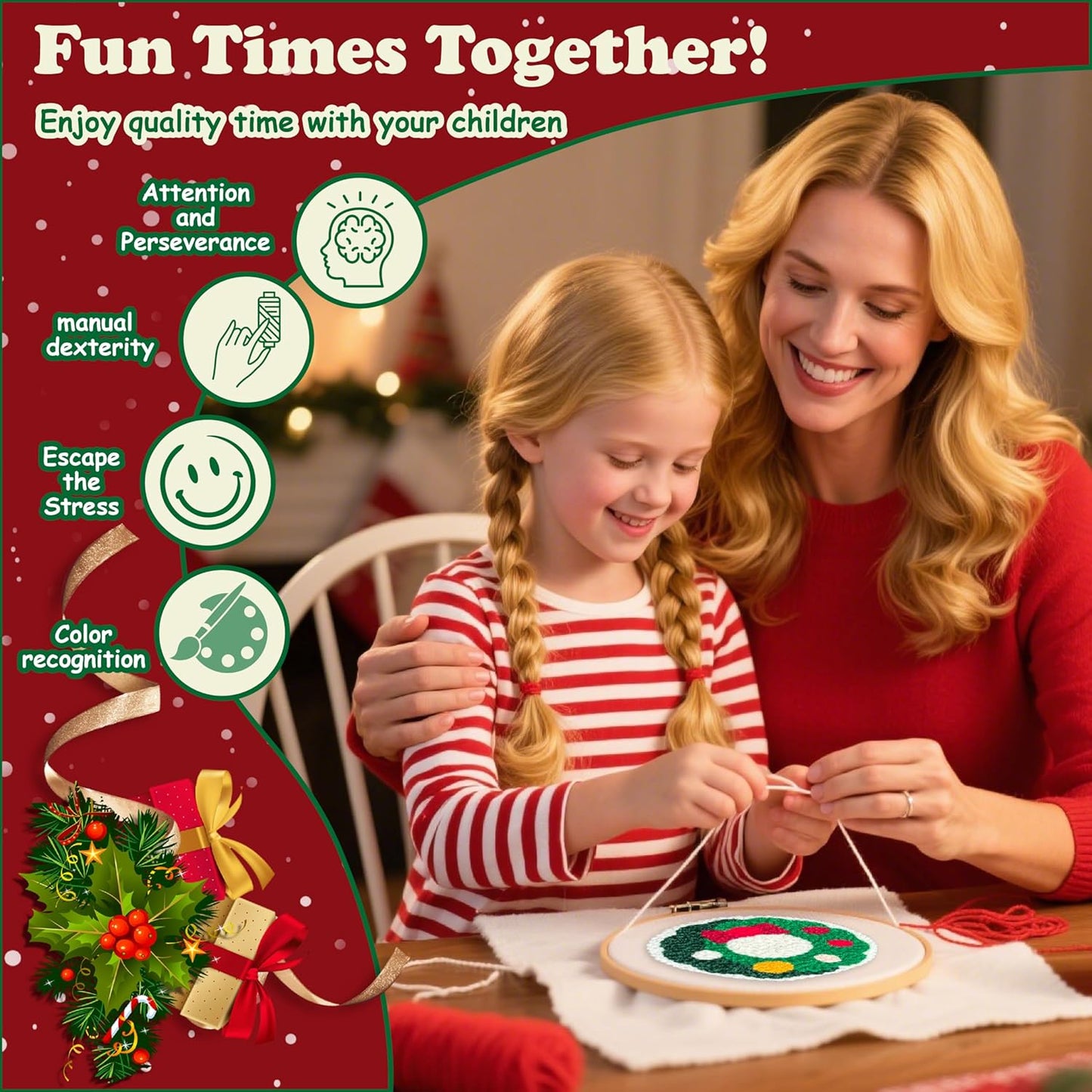 Rivnsong Christmas Punch Needle Kit – DIY Embroidery Set for Beginners to Make 6 Festive Coasters with Hoop, Monk’s Cloth, Tools and Yarn – Holiday Gift for Adults and Kids 8+