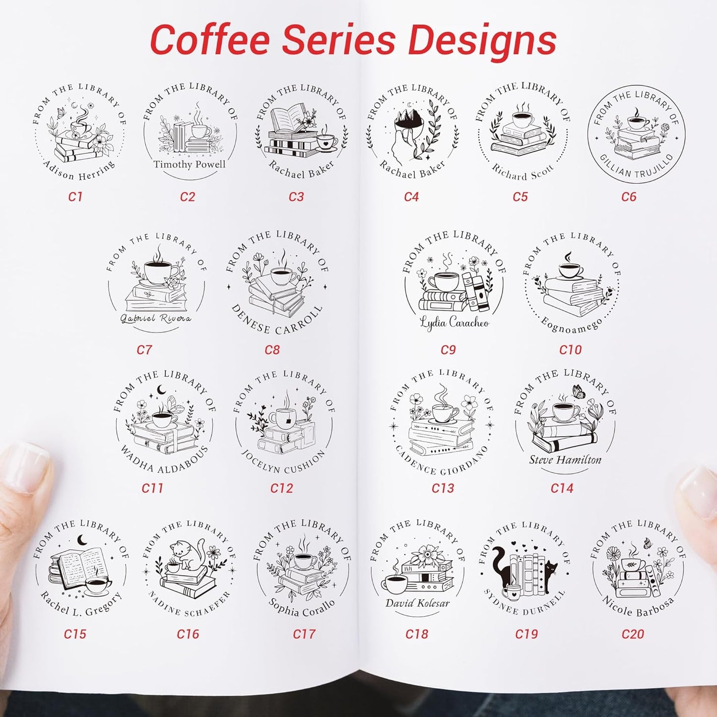 Book Embosser Personalized Coffee Collection – 20 Café-Themed Designs, Custom Book Stamp Personalized for Writers and Coffee Lovers