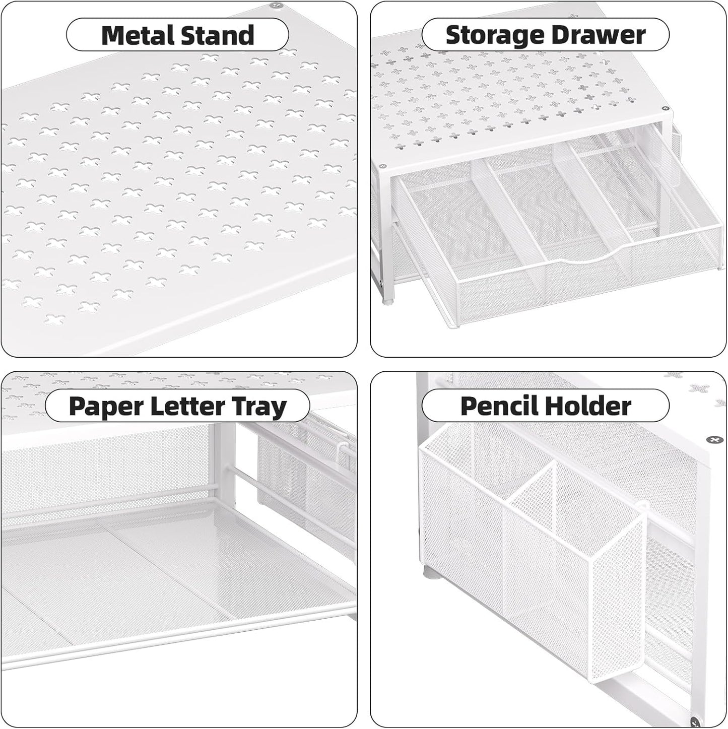 Marbrasse Metal Printer Stand for Desk with Storage Drawer and 2 Pen Holders, 2-Tier Desktop Organizer Printer Table for Home Office, Multi-Purpose Desk Organizer for Fax Machine Scanner Files(White)