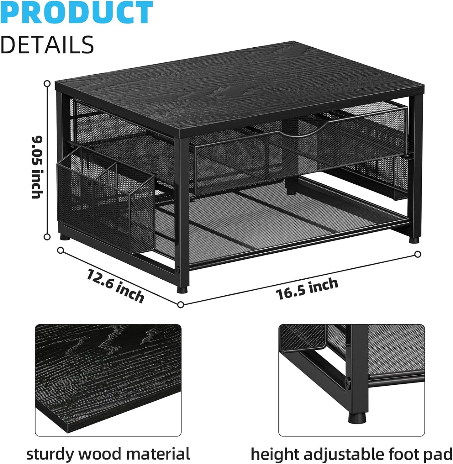 Marbrasse Wood Printer Stand for Desk, 2-Tier Desktop Printer Table for Home Office, Printer Stand with Storage Drawer 2 Pen Holders, Multi-Purpose Desk Organizer for Fax Machine Scanner (Wood Black)