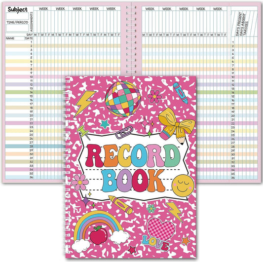 Teacher Record Book Teacher Grade Book Spiral Bound Record Class Gradebook Office Favors Gift for Classroom Attendance Decoration Double Sided Color Printing(Pink)
