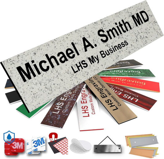 Door Name Plate Personalized for Office Stone Granite Plastic Name Plate Black Letters - Made in USA 2x12 S3