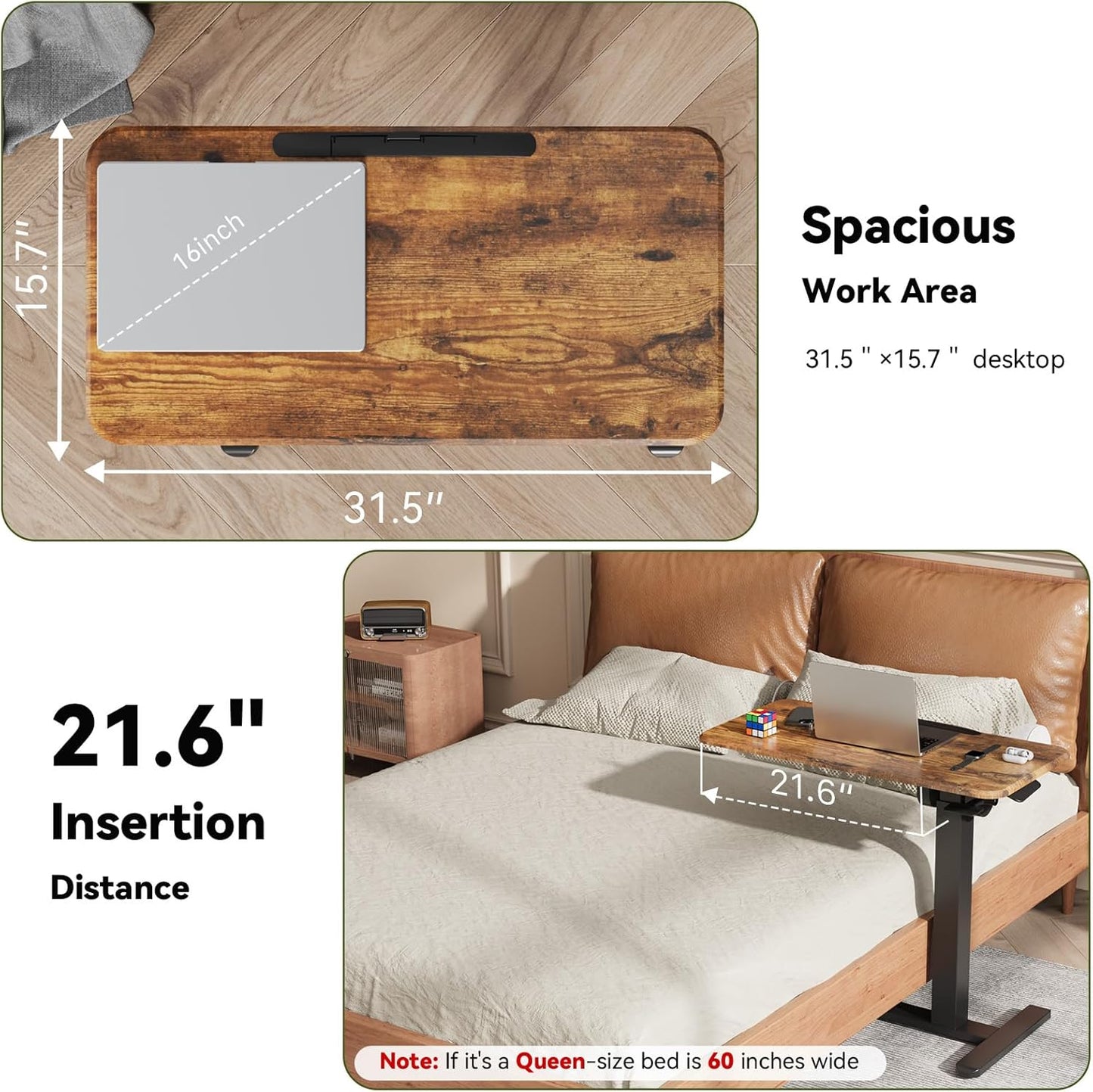 Mobile Standing Desk, Height Adjustable Left/Right Overbed Bedside Table, 90° Tiltable Portable Laptop Desk with Wheels, Foldable Computer Cart for Hospital Home Use, Rustic Brown