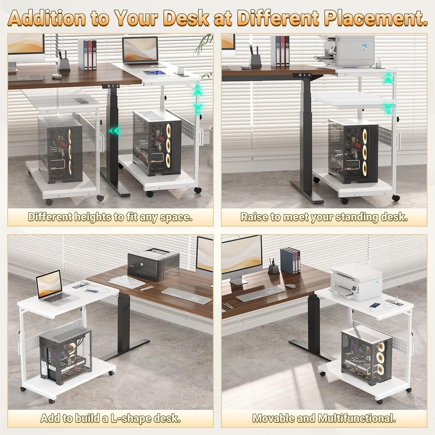32" Large Computer Tower Stand with Power Strips, 4 Levels Manual Height Adjustable PC Tower Stand for Under Desk, Mobile Rolling CPU Holder Computer Cart with Wheels, Carbon Fiber White