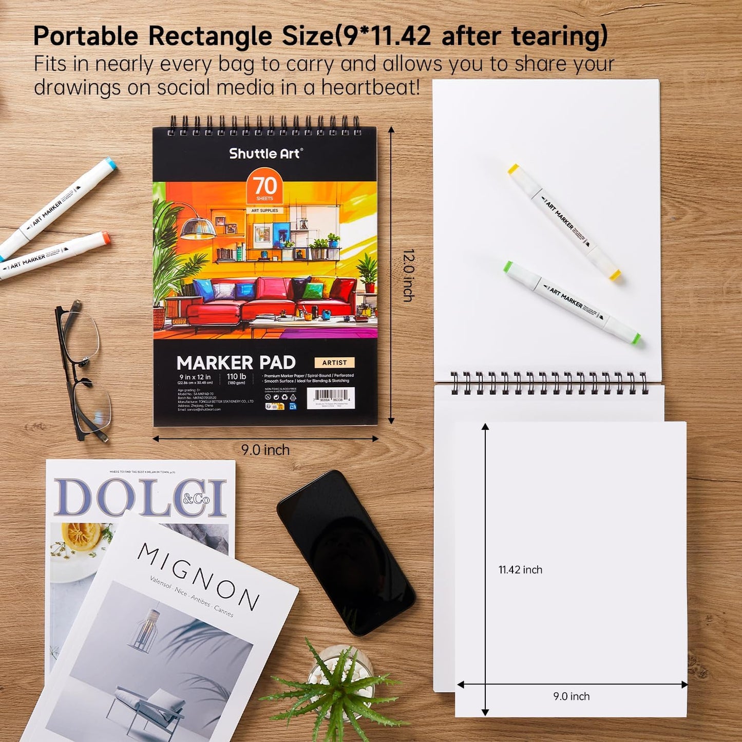 Shuttle Art Marker Pad, 12”x9” Portable Sketchbook, 70 Sheets Marker Drawing Paper, 110LB/180GSM Smooth Surface Bleedproof Art Paper, Spiral-Bound, Great for Artists to Draw, Paint & Sketch