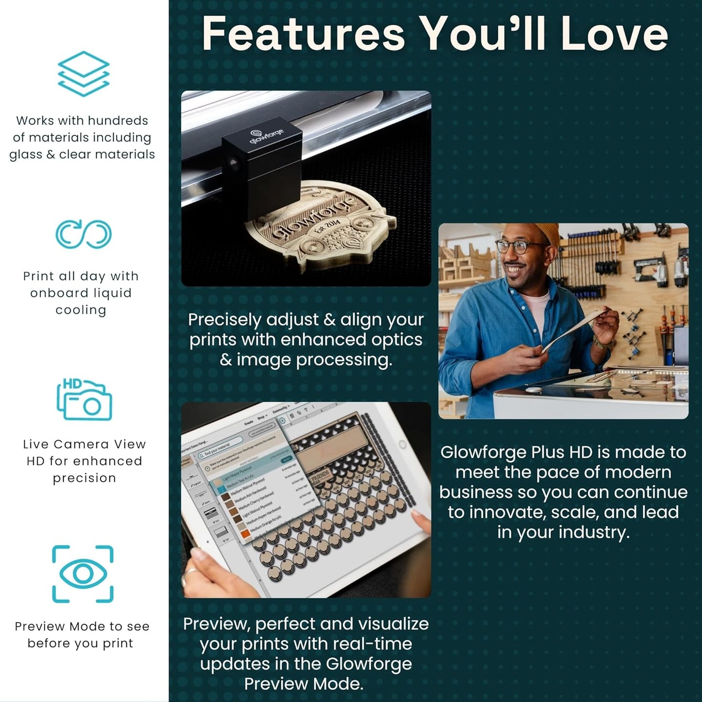 Glowforge Plus HD Laser Cutter and Engraver Machine with 40W CO2 Laser - Ultimate Power Laser Engraver with Liquid Cooling for Fast Laser Engraving on Wood, Leather, Metal, and Stone