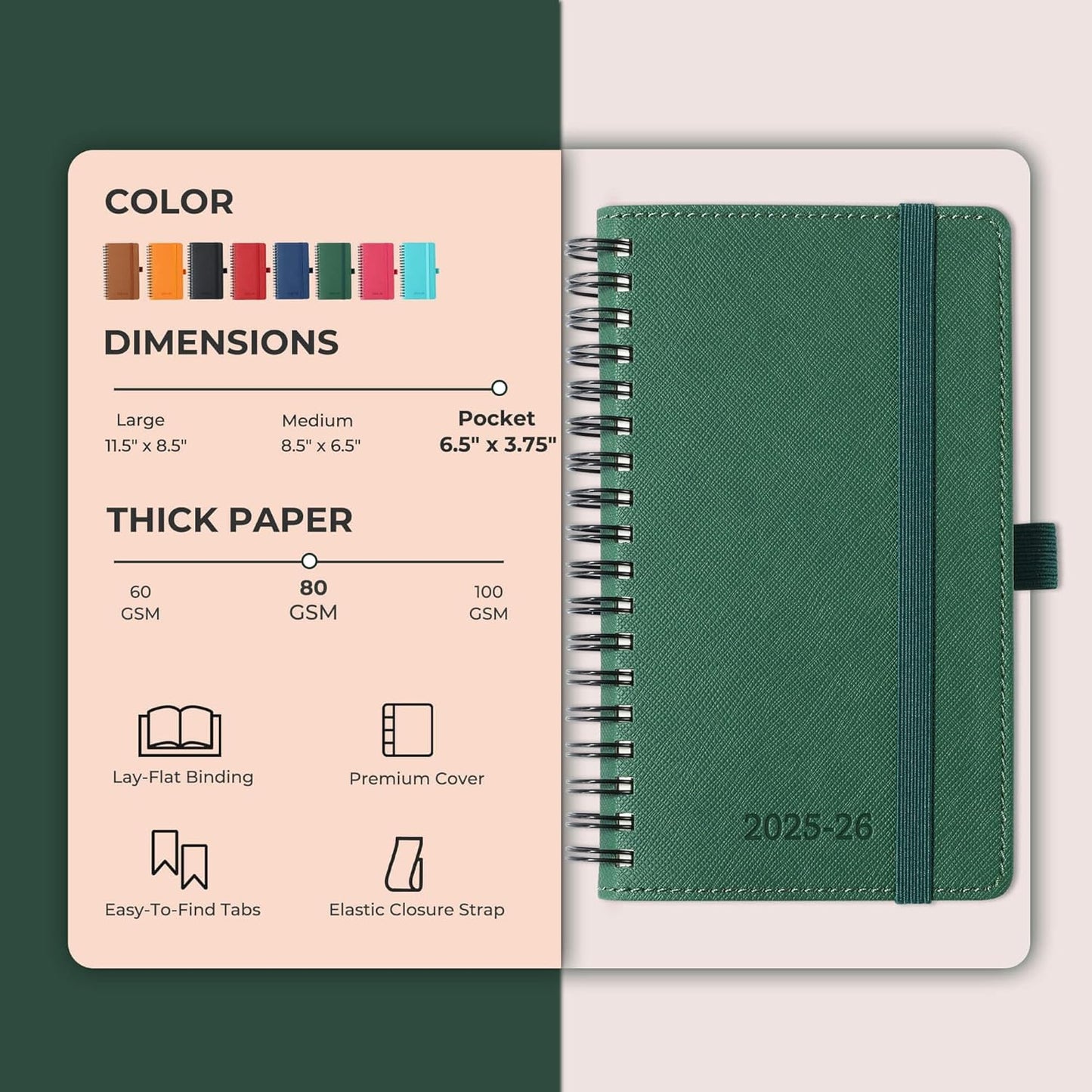 Planner 2025-2026 Daily Weekly and Monthly,6.5"x3.75",18 Months Spiral Bound Calendar Agenda with Self-adhesive Pen Holder,2026 Academic Plan with Vegan Leather Soft Cover,Green