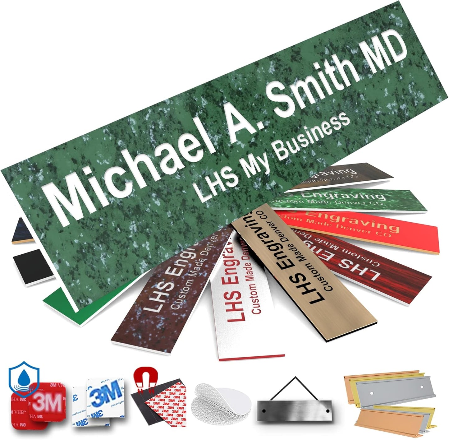 Engraved Name Plates for Door Sign Personalized Green Marble Plastic Plaque with White Letters - Made in USA 2x12 S4