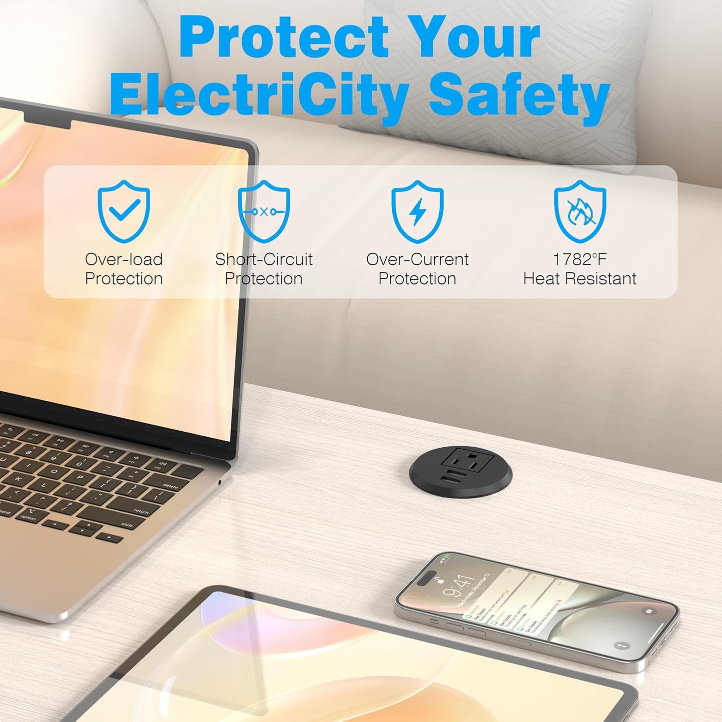 VILONG Desk Power Grommet with 2 USB, Fits 2 inch Grommet Hole, Recessed Power Strip Socket, Plug in 2 Outlet 6 ft Extension Cord (ETL Listed)