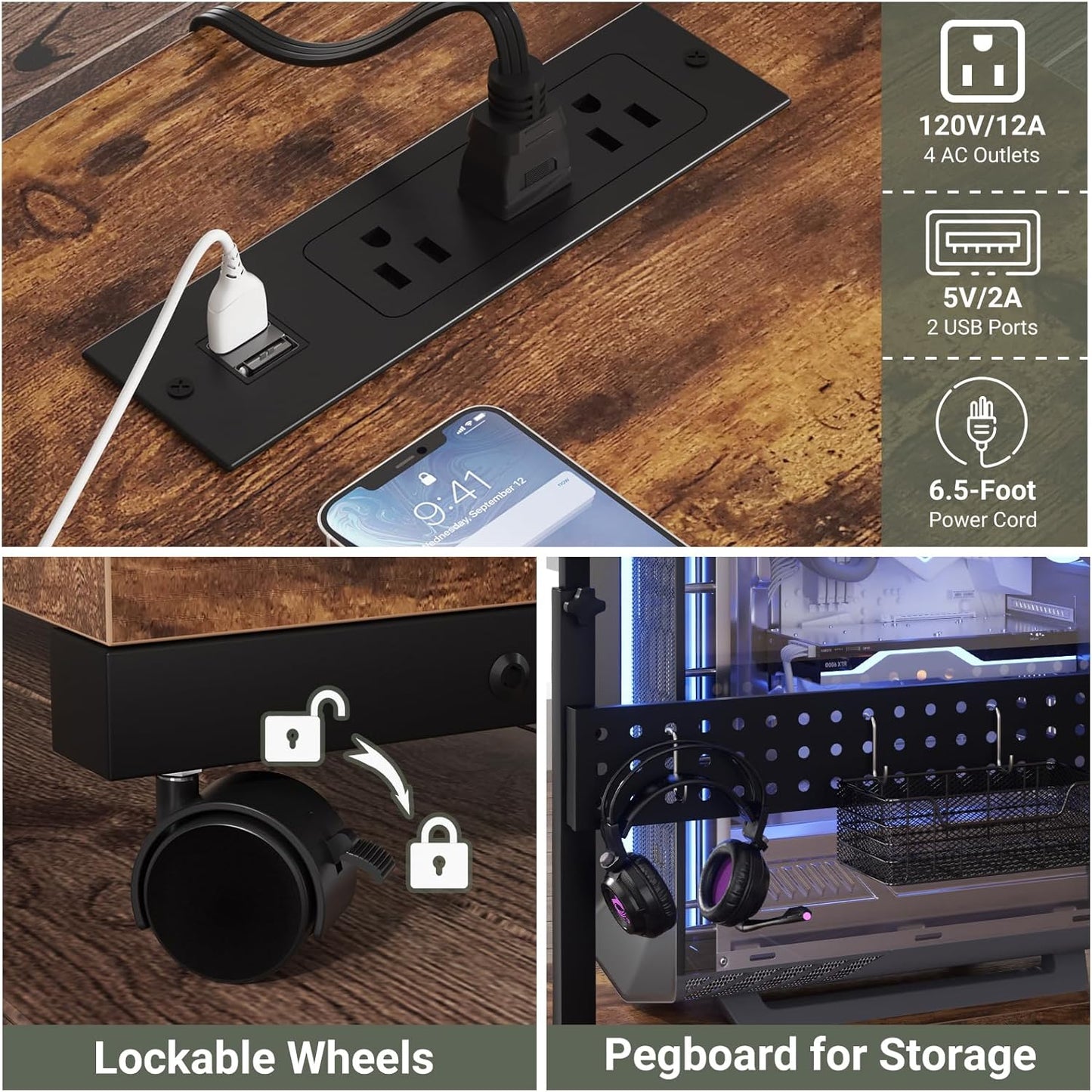 Computer Tower Stand with Power Strips, 4 Levels Manual Height Adjustable PC Tower Stand for Under Desk, Mobile Rolling CPU Holder, Computer Cart with Wheels, 24", Rustic Brown