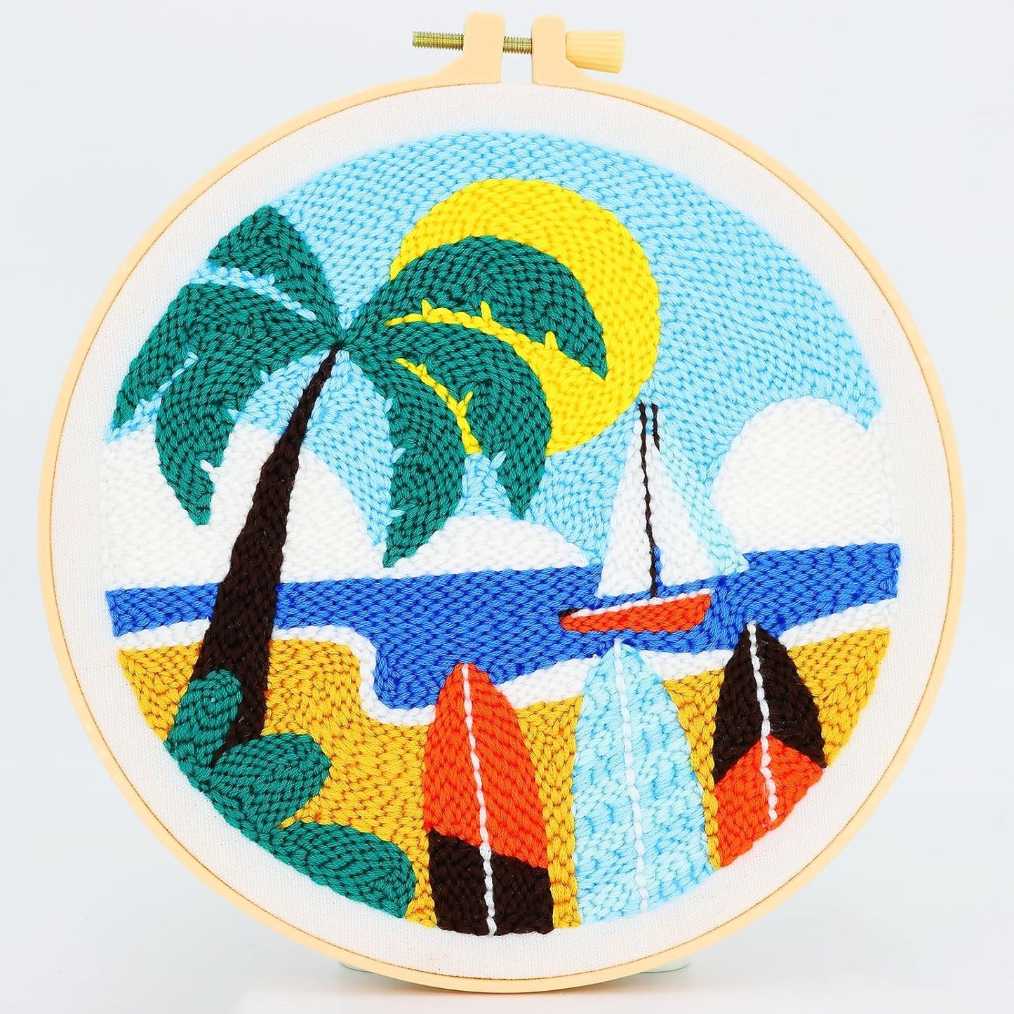 ILYUFO Punch Needle Kits Adults Beginner DIY Dreamy Beach Style 8 in Hoop Embroidery Set Starter Punch Needle Tool for Art Crafts, Ideal for All Ages, Perfect Festival Decoration & Gift (Surf)