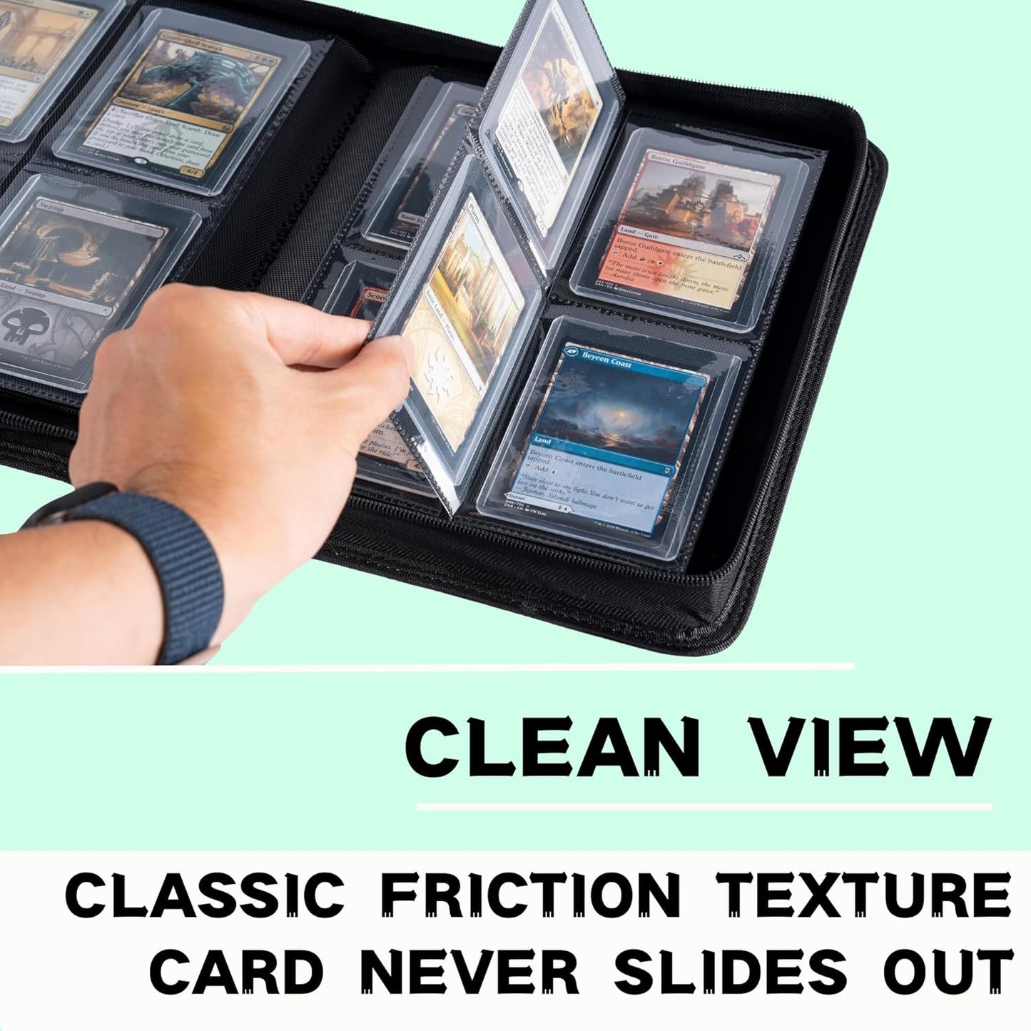 Toploader Binder, Holds 128+ Toploaders, 4 Pocket Top Loader Card Storage Case, Double-Sided Pockets for trading card in 3 x 4'' Toploaders (Light Green)