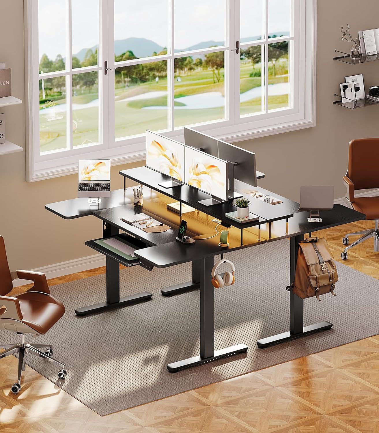 OffiGo U Shaped Electric Standing Desk with Keyboard Tray, 55 Inch Height Adjustable Desk with Power Outlets & LED Lights, Sit Stand Table with Monitor Stand for Home, Office, Black