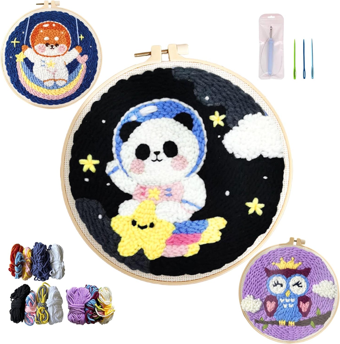 Orbflair 3 Sets Punch Needle Kits for Adults Beginners, Flowers Punch Embroidery Kits with Punch Needle Fabric, Hoops, Yarns and Sewing Needles