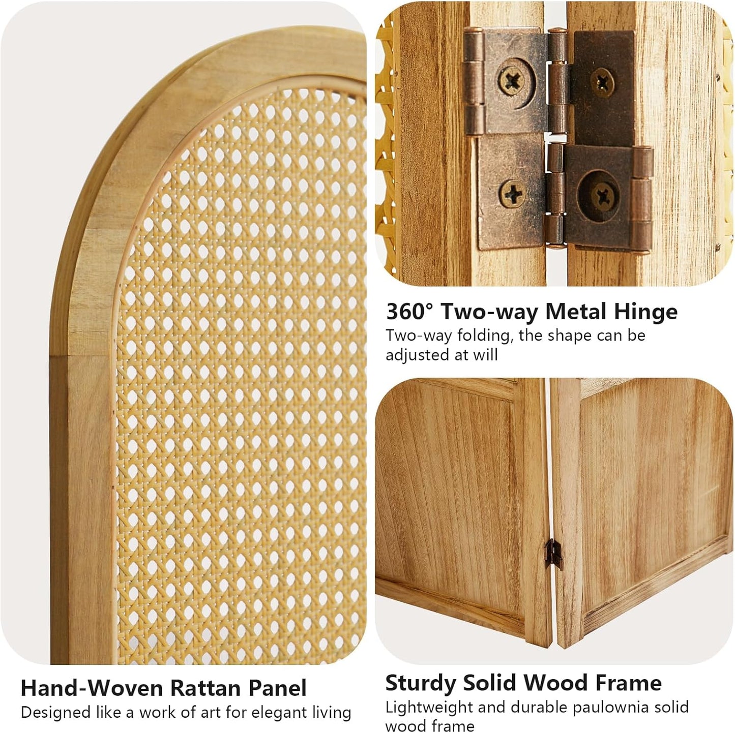 6 Panel Room Divider and Folding Privacy Screen, 5.6 Ft Foldable Double Hinged Rattan Partition, Hand-Woven Rattan Room Divider Portable Wood Freestanding Wall Divider for Room Separation - Natural