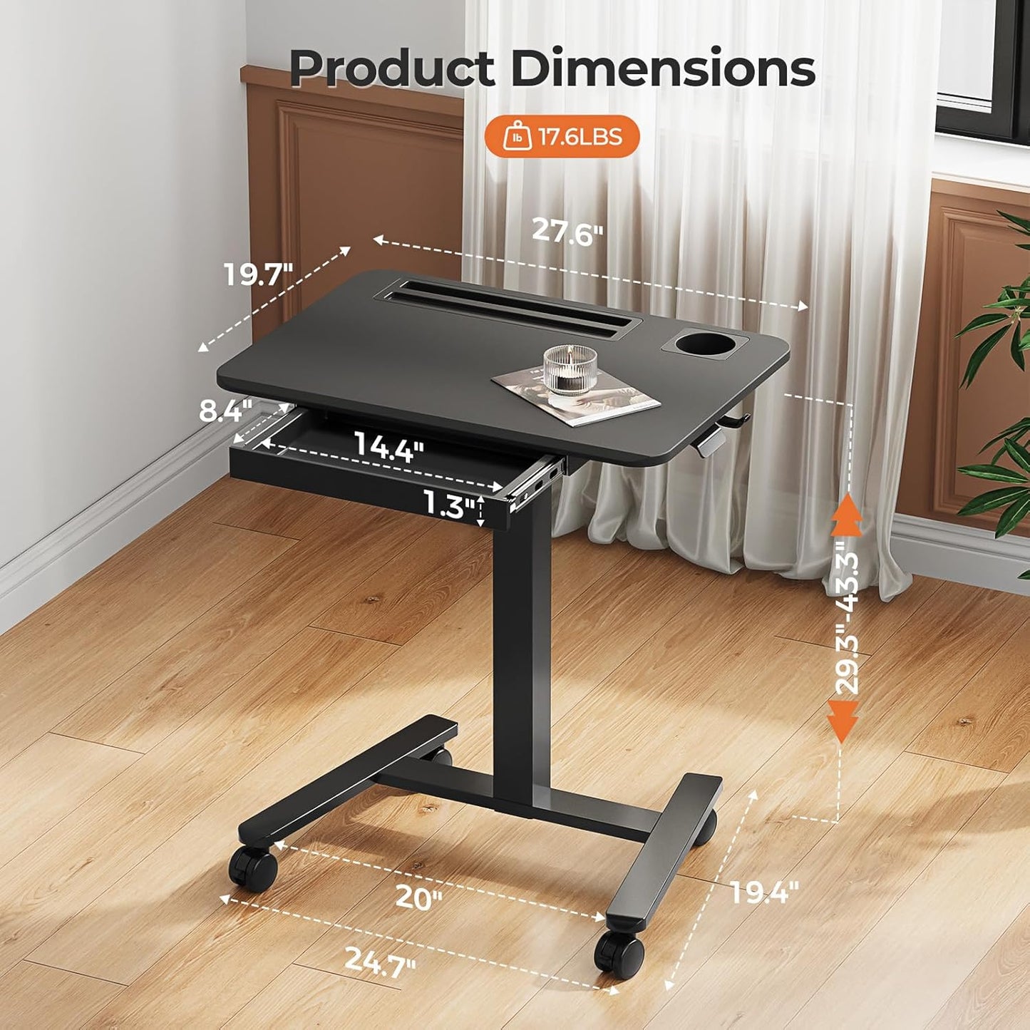 Mobile Standing Desk with Drawer, 28" Rolling Desk with Cup Holder and Hooks, Portable Laptop Workstation on Wheels, Height Adjustable Cart with Storage for Home Office, Black