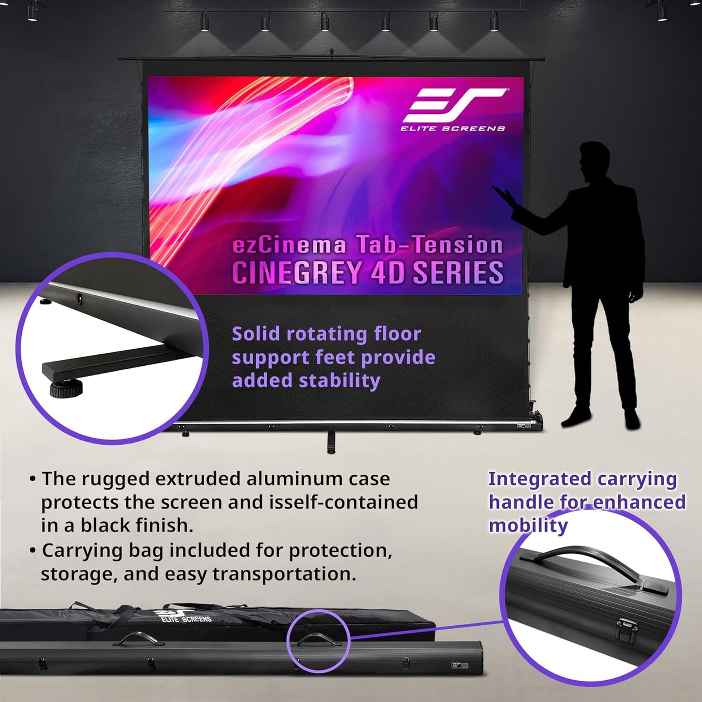 Elite Screens ezCinema Tab-Tension CineGrey 4D, 113-inch 16:9, Manual Floor Pull Up ISF Ceiling Ambient Light Rejecting, Portable Home Office Classroom Projector Screen with Carrying Bag, FT113UH-C4D