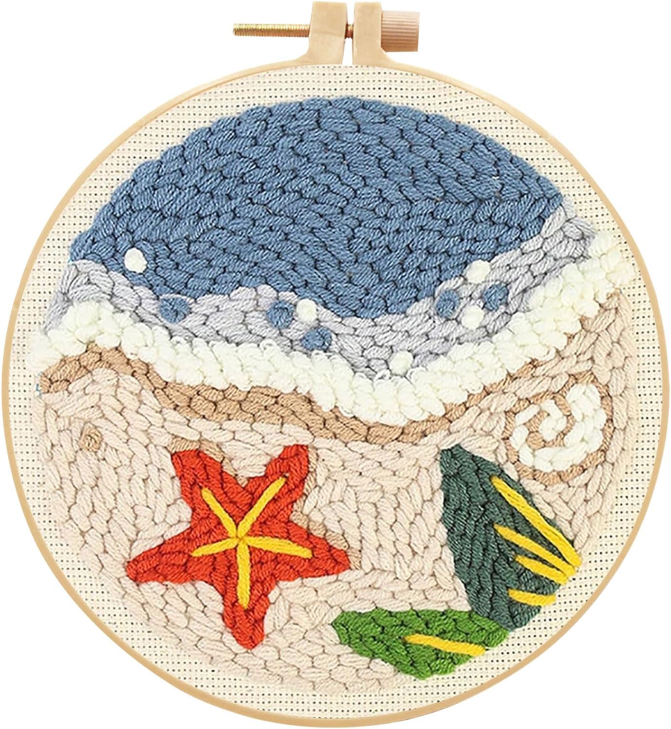 Punch Needle Kits for Beginners, Cute Cartoon Highland Cow with Daisy Flower, Punch Needle Starter Craft Set with 20cm Hoop, Perfect for Festival Gift and Decoration (Summer Beach)