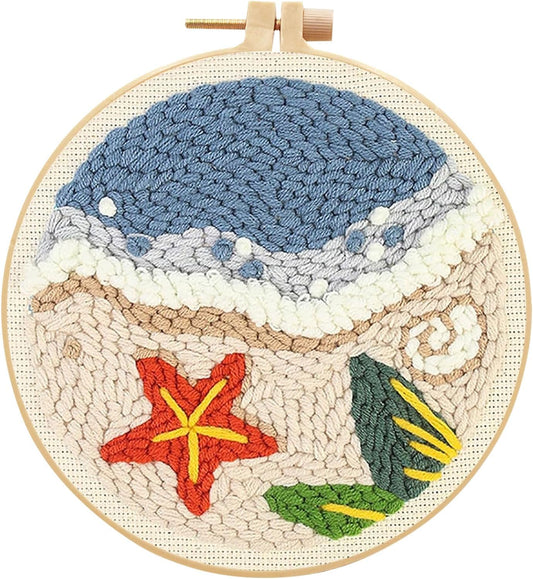 Punch Needle Kits for Beginners, Cute Cartoon Highland Cow with Daisy Flower, Punch Needle Starter Craft Set with 20cm Hoop, Perfect for Festival Gift and Decoration (Summer Beach)