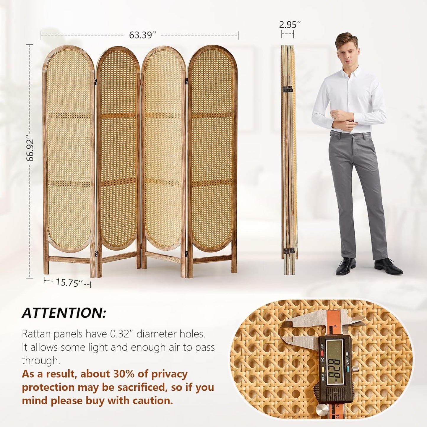 4 Panel Room Divider 5.6 Ft Hand-Woven Rattan Room Divider Screen, Foldable Wood Folding Privacy Screens with Double Hinges, Wall Divider for Room Separation Bedroom Home Office - Natural