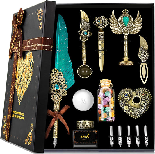 Aifeiter Quill Pen Ink Set, Feather Calligraphy Pen, Wax Seal Stamp, Beautiful Gift Calligraphy Set, Christmas Gifts - Green