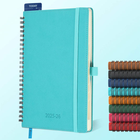 Planner 2025-2026 Daily Weekly and Monthly,8.5"x6.5",18 Months Spiral Bound Calendar Agenda with Self-adhesive Pen Holder,2026 Academic Plan with Vegan Leather Soft Cover,Light Blue