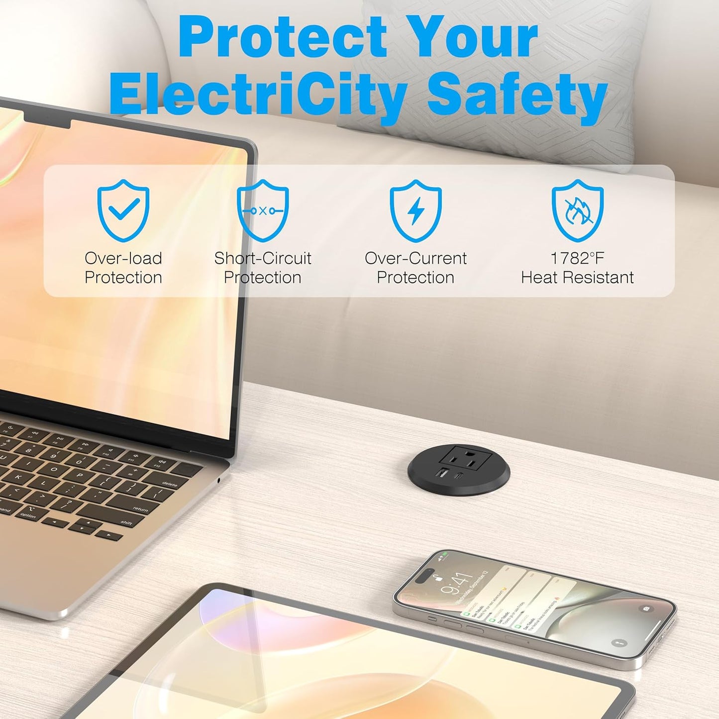 2 inch Desk Power Grommet Outlet, Flat Plug Recessed Outlet with 20W USB-C Fast Charging, for Conference Rooms, Office Tables, Furniture, 6FT Cord(ETL Listed)