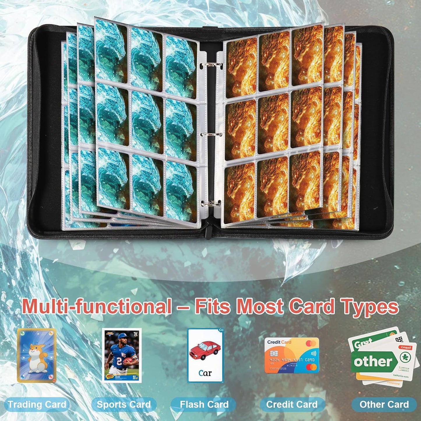 Dragon 9 Pocket Trading Card Binder Album, Holds 900 Cards with 50 Removable Double-Sided Sleeves, Waterproof PU Leather Zipper Binder for TCG, MTG, Sports Cards