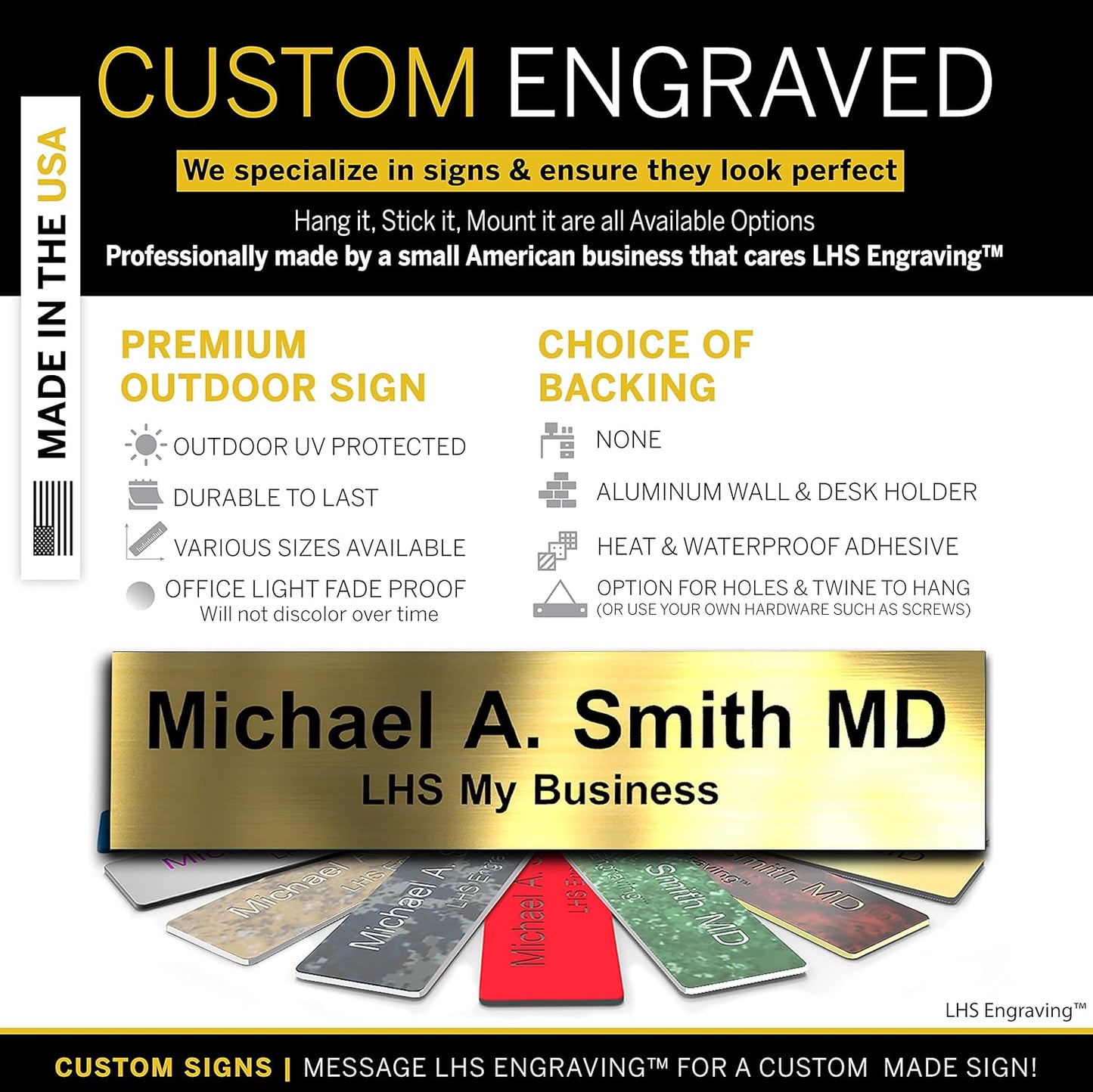 Engraved Name Plates for Door Sign Personalized Brushed Brass Plastic Plaque with Black Letters - Made in USA 2x12 M6