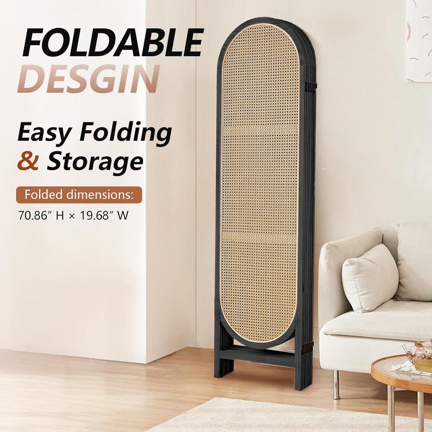 5.9 Ft Tall Rattan Room Divider 6 Panels, Wood Room Divider Panel, Folding Screen Divider Wall, Folding Privacy Screen, Portable Wall Divider for Room Separation Home Office - Black