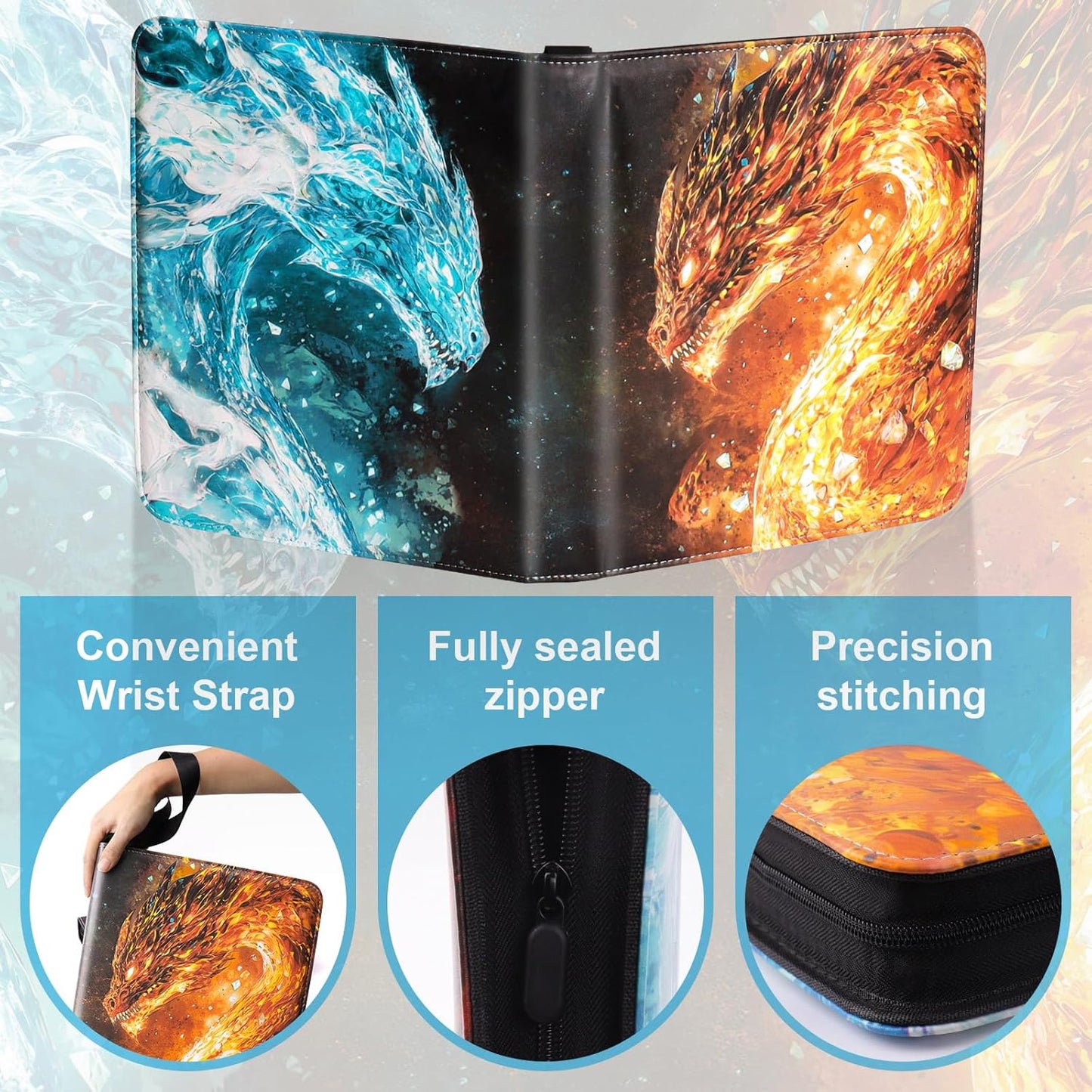 Dragon 9 Pocket Trading Card Binder Album, Holds 900 Cards with 50 Removable Double-Sided Sleeves, Waterproof PU Leather Zipper Binder for TCG, MTG, Sports Cards