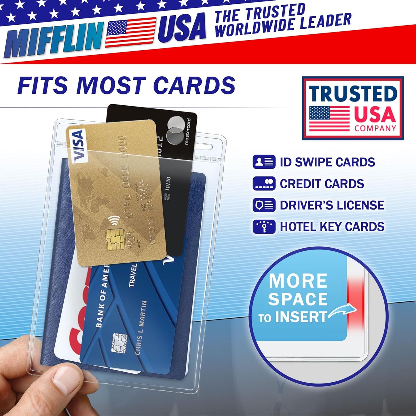 Mifflin-USA Passport & Card Holders (Clear, 4x6 Inches, 250 Pack), Extra Large ID Name Badge Holder, Zipperless Vertical Plastic Card Holders