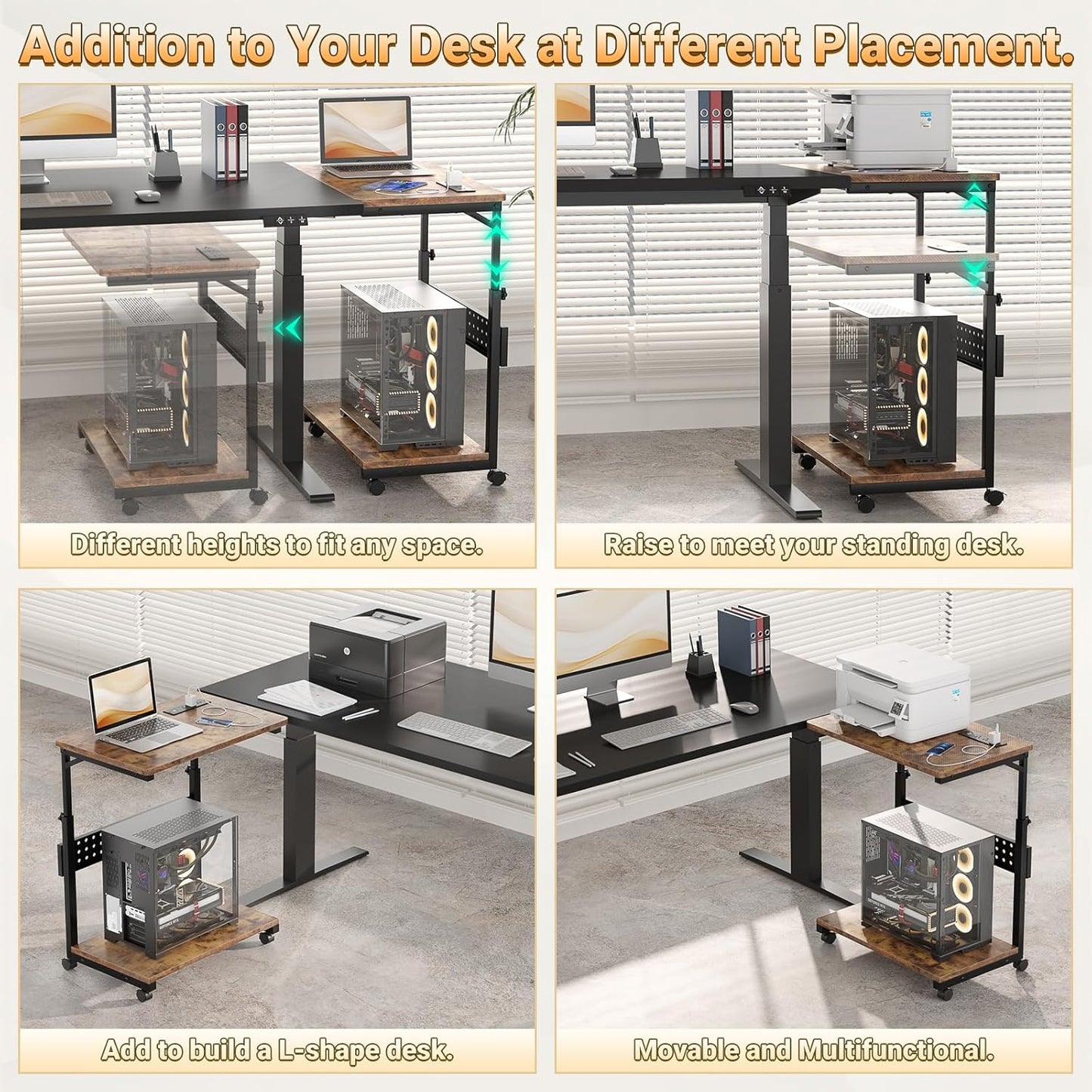 Computer Tower Stand with Power Strips, 4 Levels Manual Height Adjustable PC Tower Stand for Under Desk, Mobile Rolling CPU Holder, Computer Cart with Wheels, 24", Rustic Brown