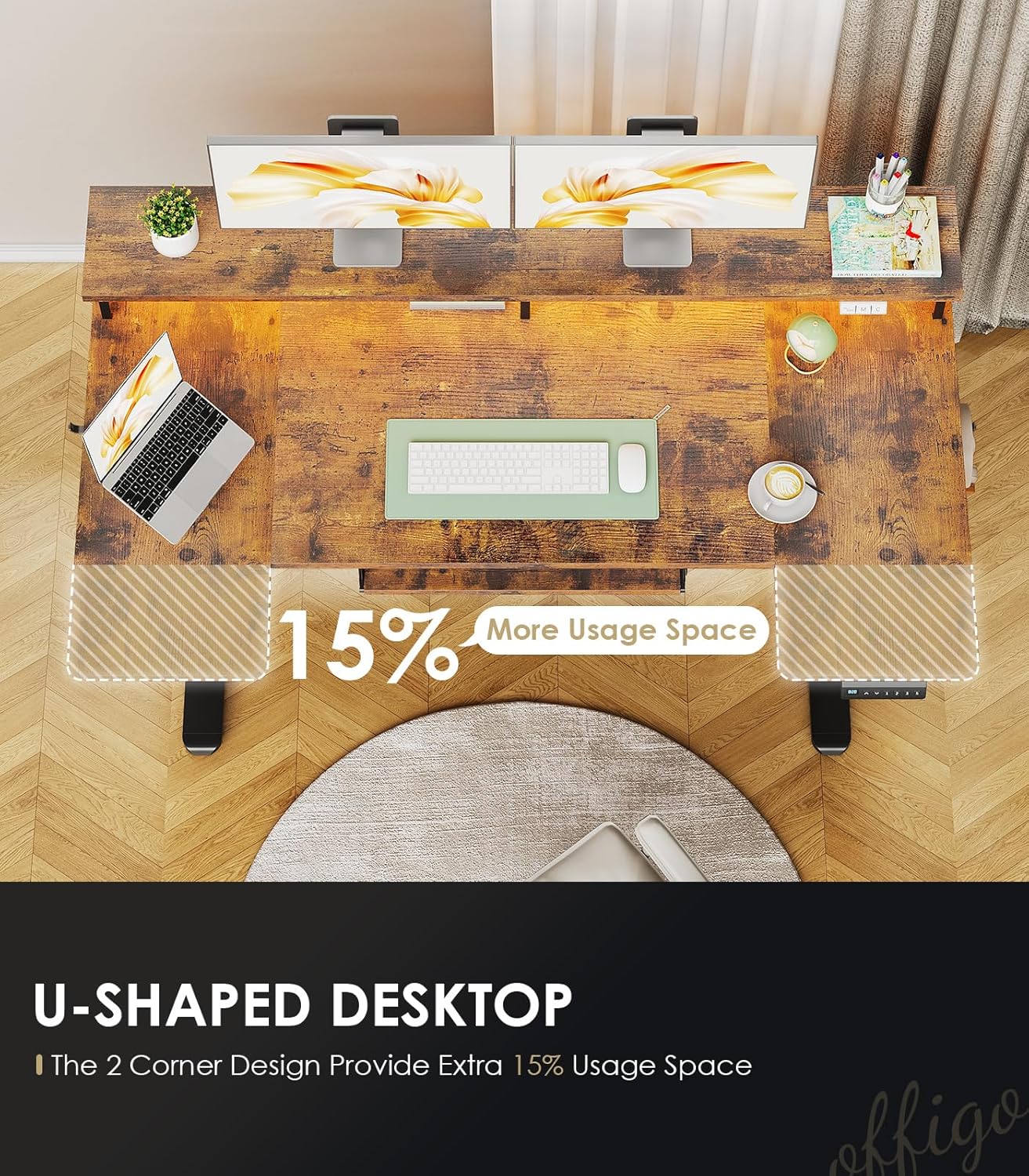 OffiGo U Shaped Electric Standing Desk with Keyboard Tray, 55 Inch Height Adjustable Desk with Power Outlets & LED Lights, Sit Stand Table with Monitor Stand for Home, Office, Rustic Brown