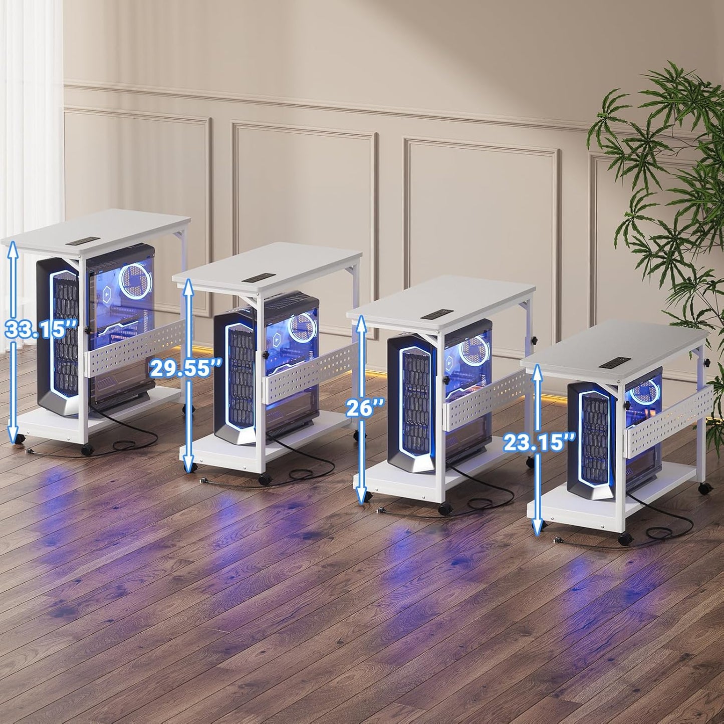 32" Large Computer Tower Stand with Power Strips, 4 Levels Manual Height Adjustable PC Tower Stand for Under Desk, Mobile Rolling CPU Holder Computer Cart with Wheels, Carbon Fiber White