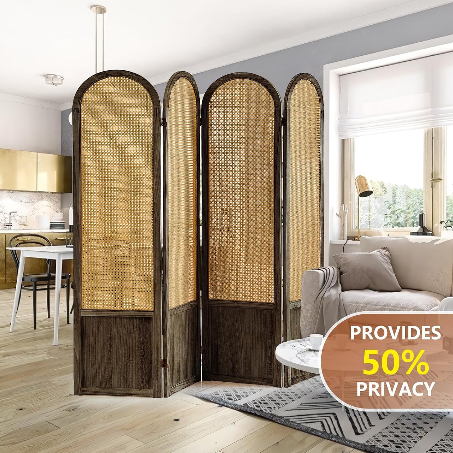 4 Panel Room Divider and Folding Privacy Screen, 5.6 Ft Foldable Double Hinged Rattan Partition, Hand-Woven Rattan Room Divider Portable Wood Freestanding Wall Divider for Room Separation - Brown