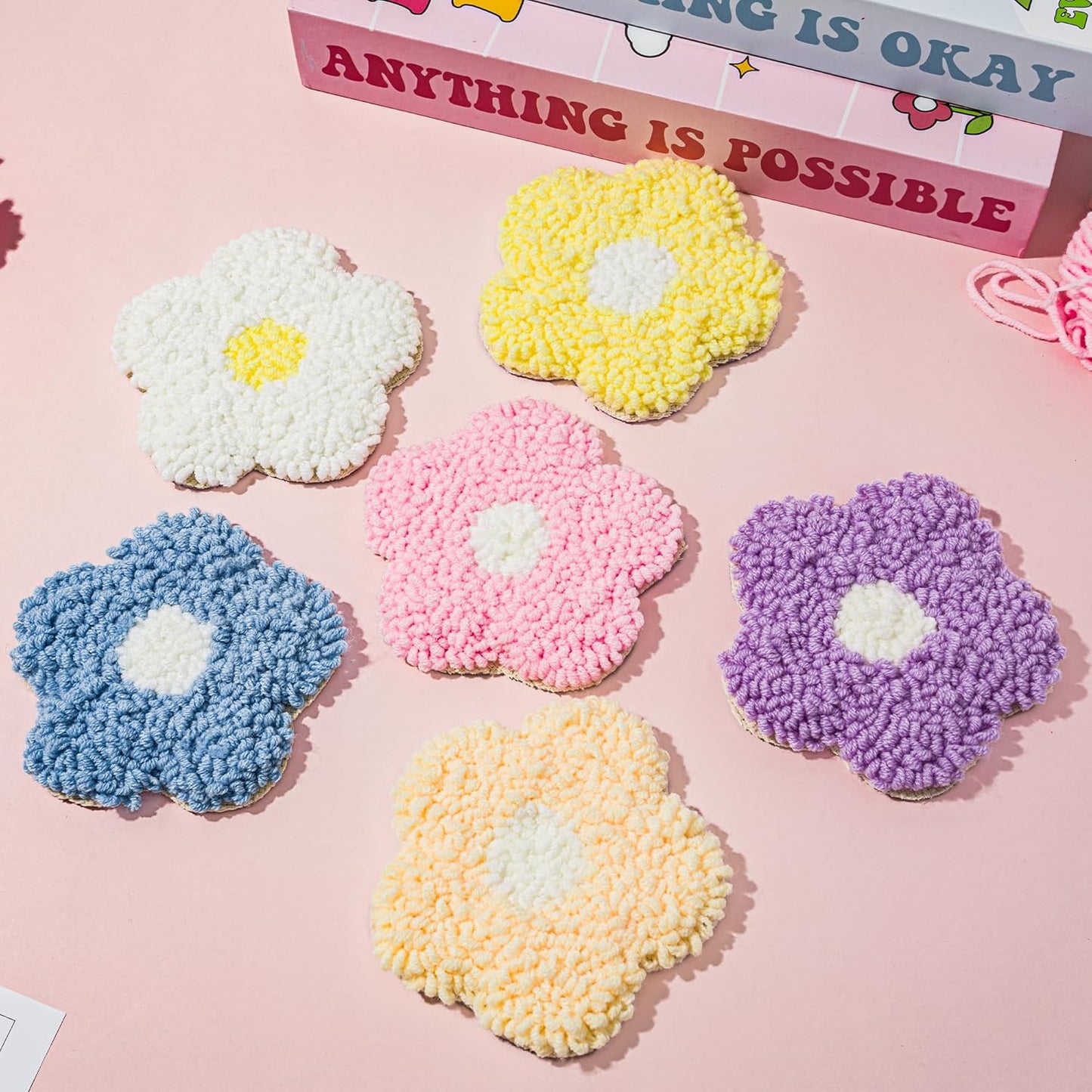 WATINC Flower Punch Needle Coaster Kit - 22Pcs Crafts Punch Needle Coasters Kits for Beginners, Flower Pattern Coaster Tufted Rug Pads with Adhesive Felt Yarns Embroidery Hoop Instruction (Macaron)