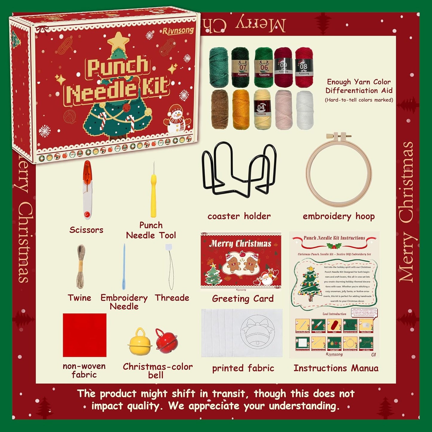 Rivnsong Christmas Punch Needle Kit – DIY Embroidery Set for Beginners to Make 6 Festive Coasters with Hoop, Monk’s Cloth, Tools and Yarn – Holiday Gift for Adults and Kids 8+