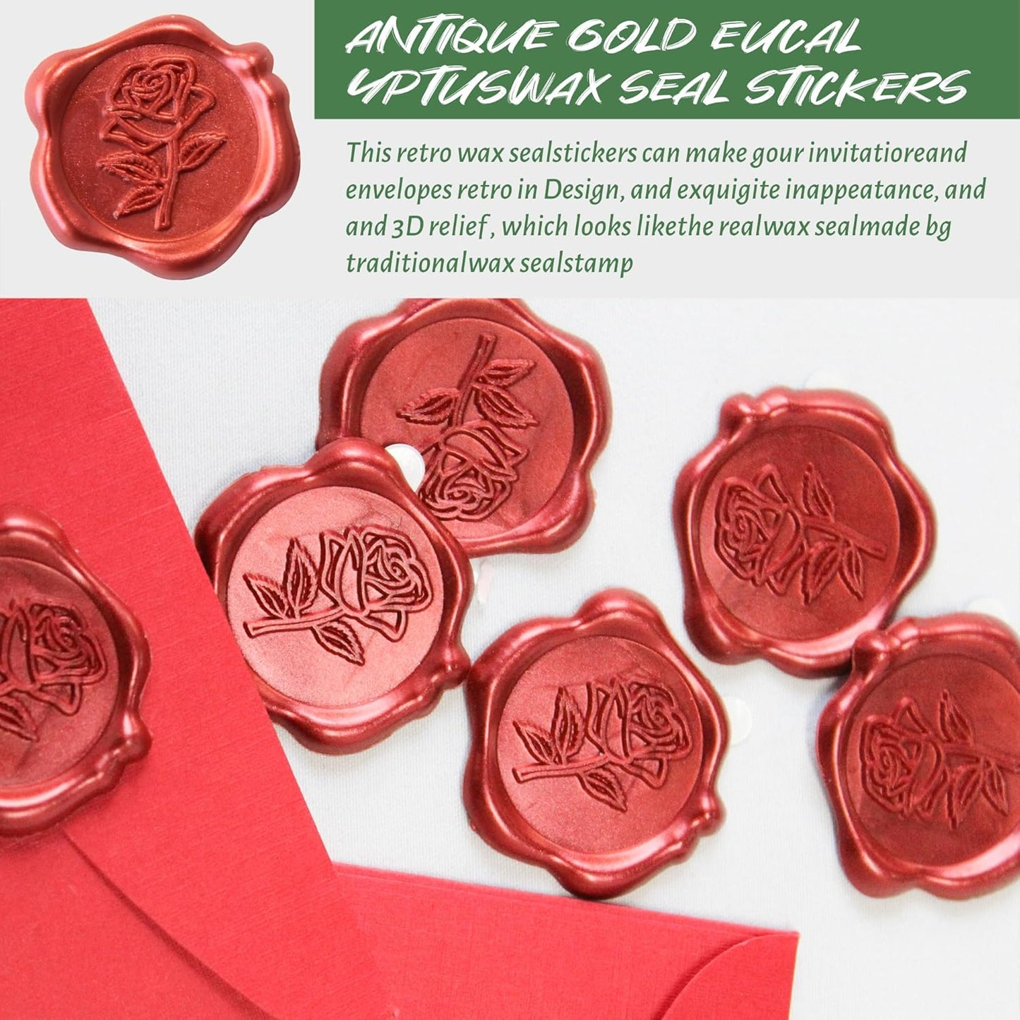 50pcs Red Rose Wax Seal Stickers, Rose Wax Seal, Red Rose Stickers for Envelopes, Waterproof, for Wedding Invitation, Christmas