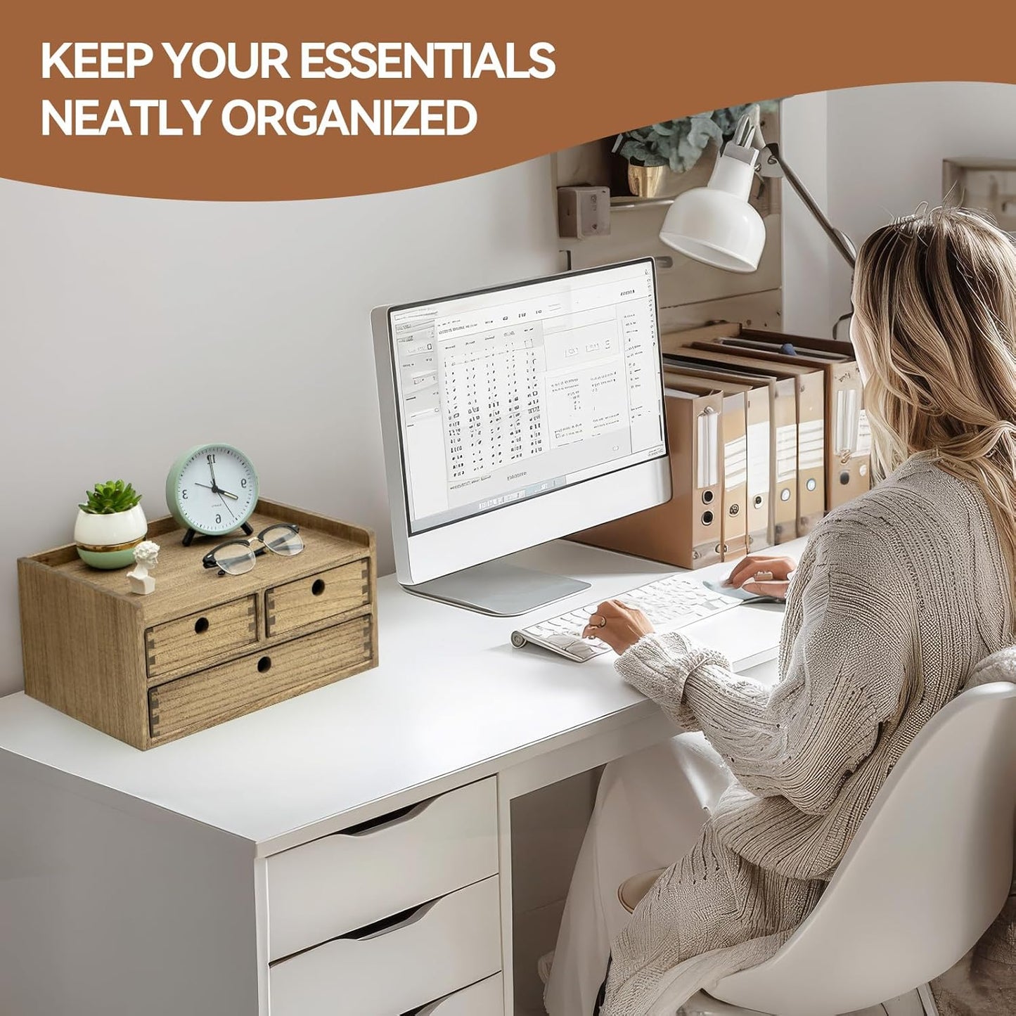 KIRIGEN Desk Organizer with Drawers - Wood Drawer Storage Box with Trays for Tabletop - Workspace Office Toiletries Supplies Tool Caddy - Wooden Storage Cabinet Dark Brown（DT2D3C-DBR）