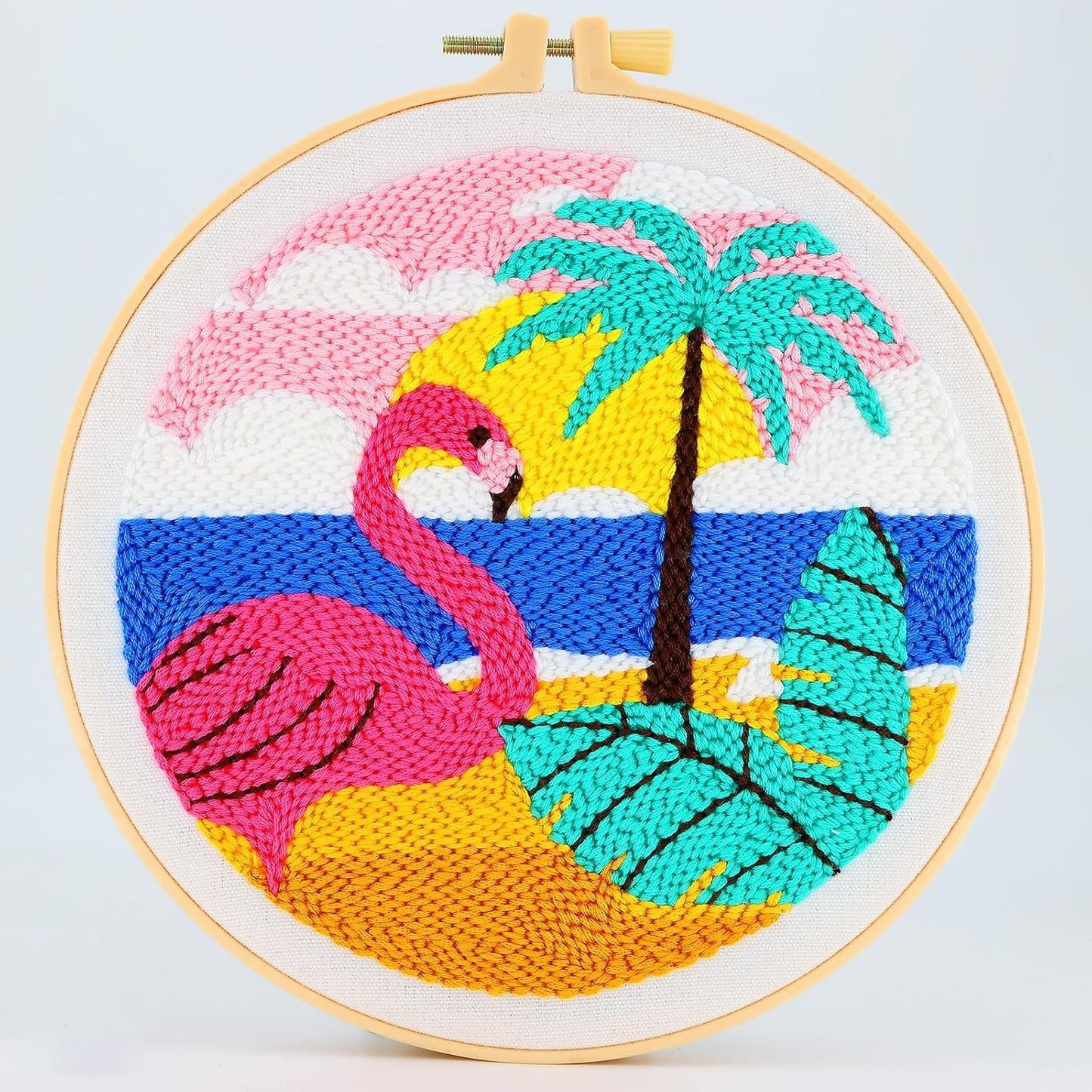 ILYUFO Punch Needle Kits Adults Beginner DIY Dreamy Beach Style 8 in Hoop Embroidery Set Starter Punch Needle Tool for Art Crafts, Ideal for All Ages, Perfect Festival Decoration & Gift (Flamingo)
