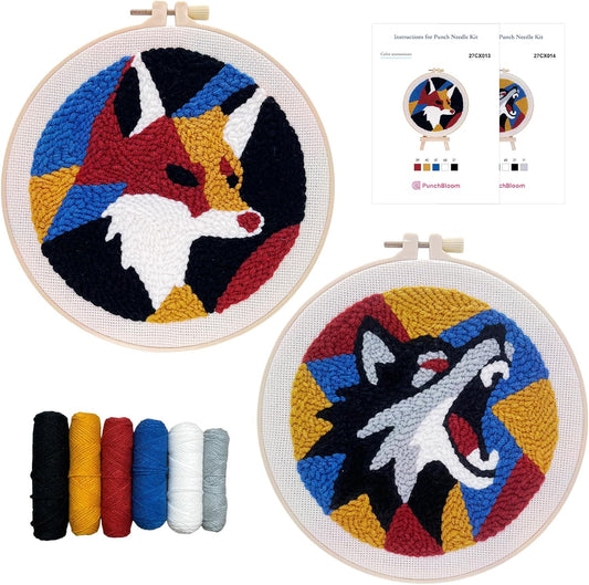 Punch Needle Kit for Adult Beginner, 2-Pcs Wolf & Fox Punch Starter Kit, Easy Punch Embroidery Stitch Set with Instructions – Fun Needle Point Craft for Home Decor & Gift Idea