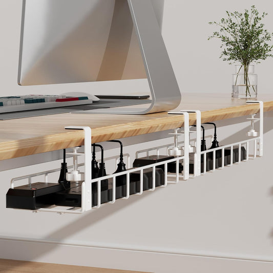 2 Pack Cable Management Under Desk Tray, Xpatee 31.4" No Drill Wire Organizers with Upgraded Clamp, Metal Cord Organization, PC Cable Management Rack, White