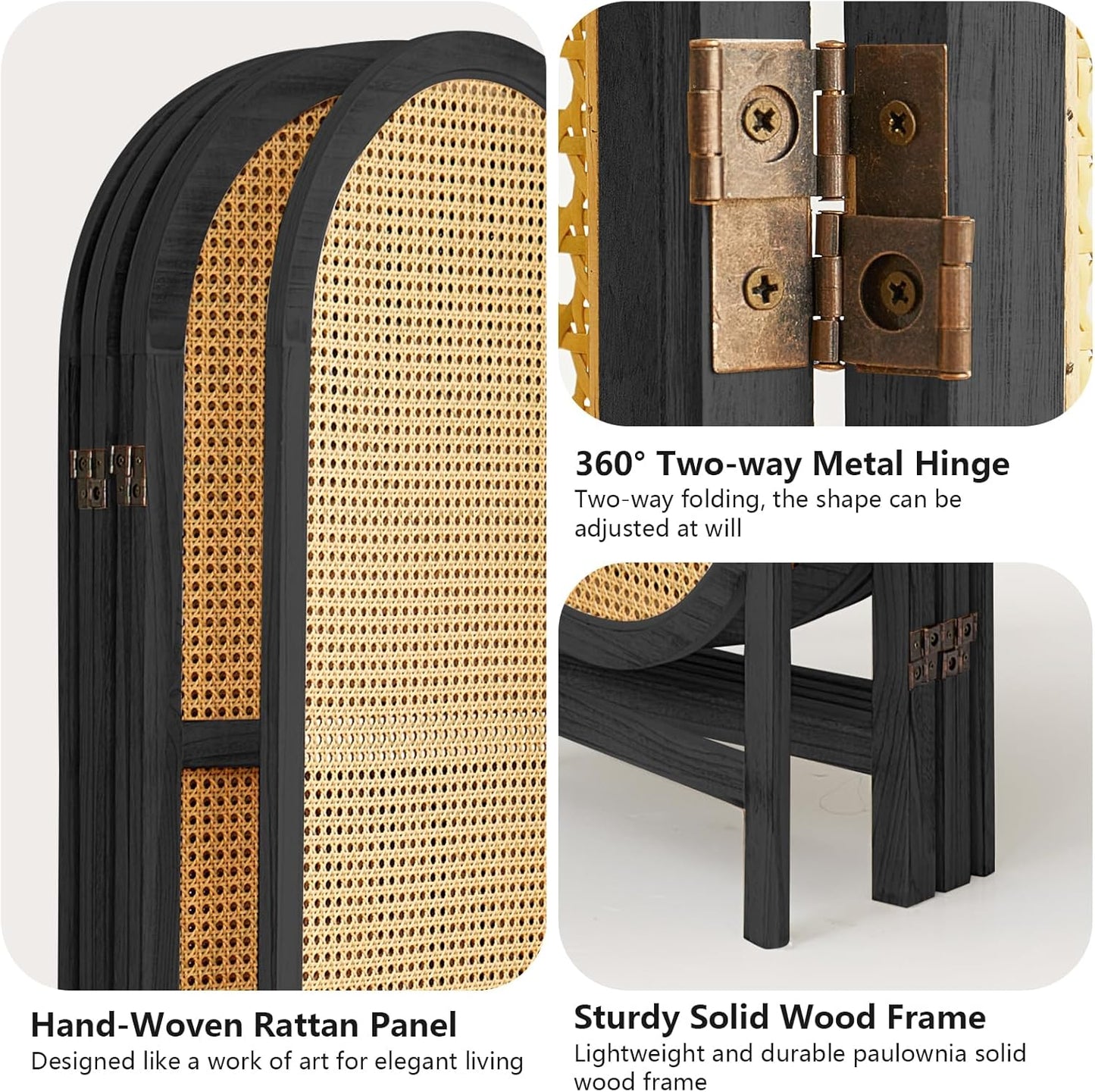 5.9 Ft Tall Rattan Room Divider 6 Panels, Wood Room Divider Panel, Folding Screen Divider Wall, Folding Privacy Screen, Portable Wall Divider for Room Separation Home Office - Black