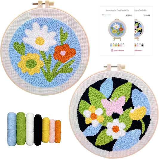 Punch Needle Kit for Adults Beginners, 2Pcs Flower Punch Embroidery Starter Kit – Easy Yarn Stitch Project with Instructions – Fun Needle Point Craft for Home Decor & Gift Idea