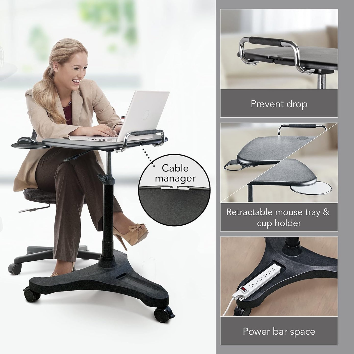 EHO Mobile Laptop Desk Cart with Wheels, Height Adjustable Standing Desk with Pneumatic Lift, Rolling Workstation with Mouse Tray and Cup Holder, Portable Table for Home Office or Classroom